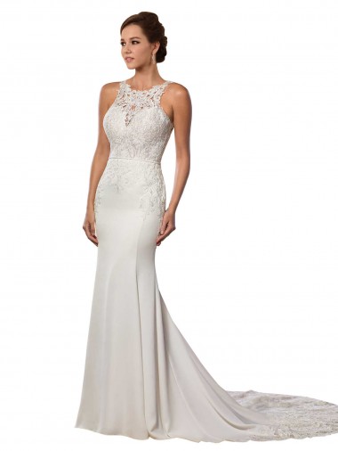 Chapel Train Ivory Sleeveless Sheath V-Back Modern Wedding Dress Birmingham