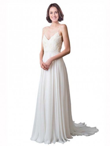 Chapel Train Ivory Sleeveless A-Line Soft Chiffon & Lace Beach Wedding Dress Birmingham