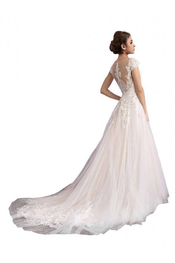 Cathedral Train Ivory & Champagne Cap Sleeves A-Line Beach Wedding Dress Birmingham