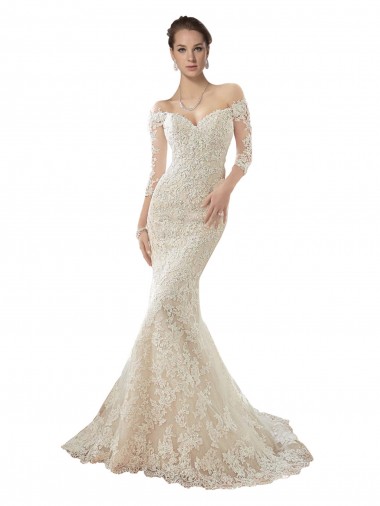Chapel Train Ivory & Champagne Long Sleeves Mermaid Wedding Dress Birmingham
