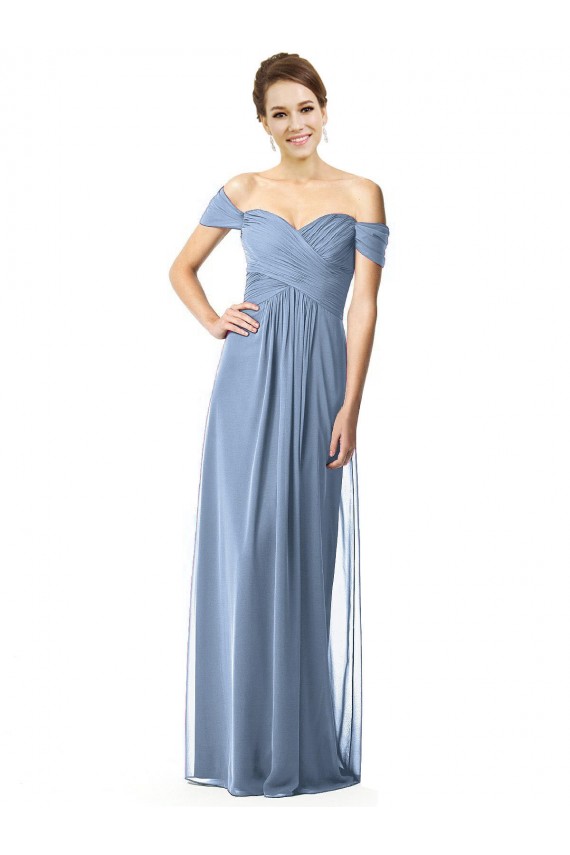 Long Dusty Blue Cap Sleeves A-Line Soft Chiffon Bridesmaid Dress Birmingham