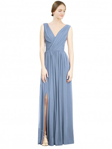 Long Dusty Blue Sleeveless A-Line Front Slit Semi Formal Evening Dress / Bridesmaid Dress Birmingham