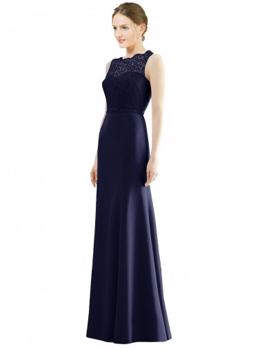 Long Dark Navy Sleeveless Mermaid Soft Chiffon & Lace Bridesmaid Dress Birmingham