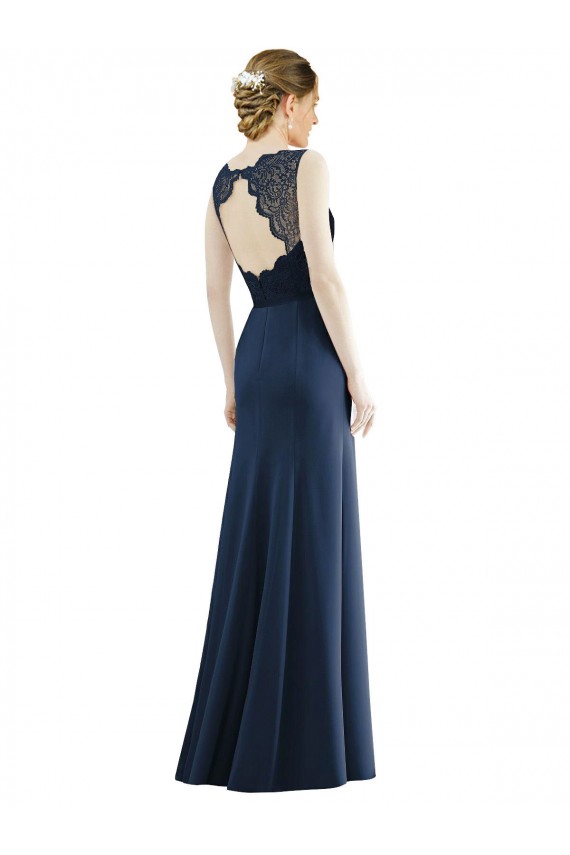 Long Dark Navy Sleeveless Mermaid Soft Chiffon & Lace Bridesmaid Dress Birmingham