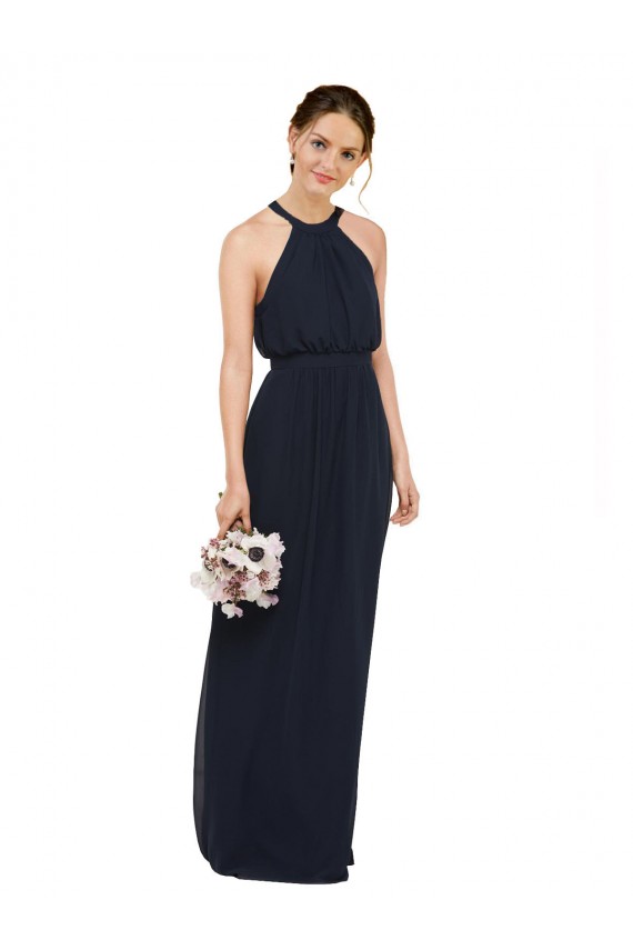 Long Dark Navy Sleeveless A-Line Chiffon Bridesmaid Dress Birmingham