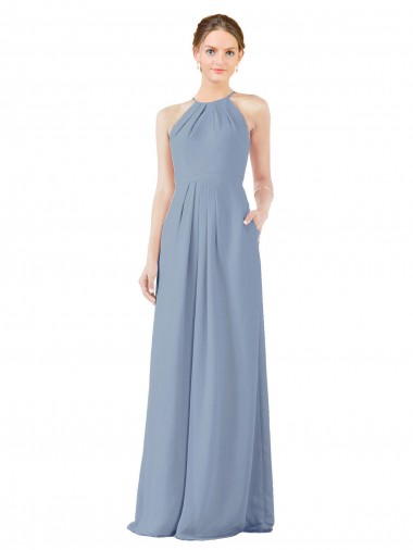 Long Dusty Blue Sleeveless Sheath Keyhole Back Bridesmaid Dress Birmingham