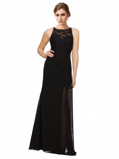 Long Black Sleeveless Sheath Soft Chiffon & Lace Bridesmaid Dress Birmingham