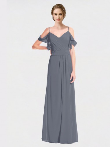 Long Slate Grey Flutter Sleeves A-Line V-Back Bridesmaid Dress Birmingham