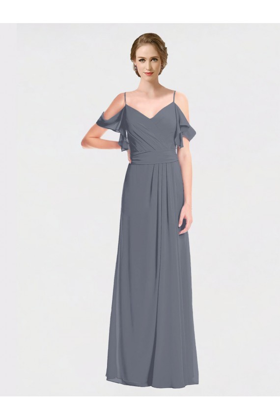 Long Slate Grey Flutter Sleeves A-Line V-Back Bridesmaid Dress Birmingham