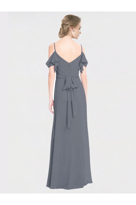 Long Slate Grey Flutter Sleeves A-Line V-Back Bridesmaid Dress Birmingham