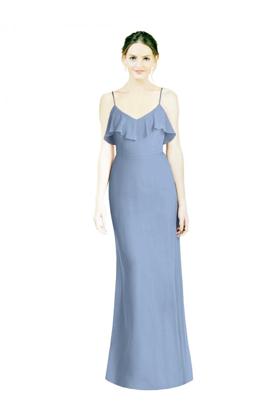 Long Dusty Blue Sleeveless A-Line Open Back Bridesmaid Dresses Birmingham