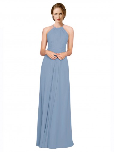Long Dusty Blue Sleeveless A-Line Open Back Chiffon Bridesmaid Dress / Evening Dress Birmingham