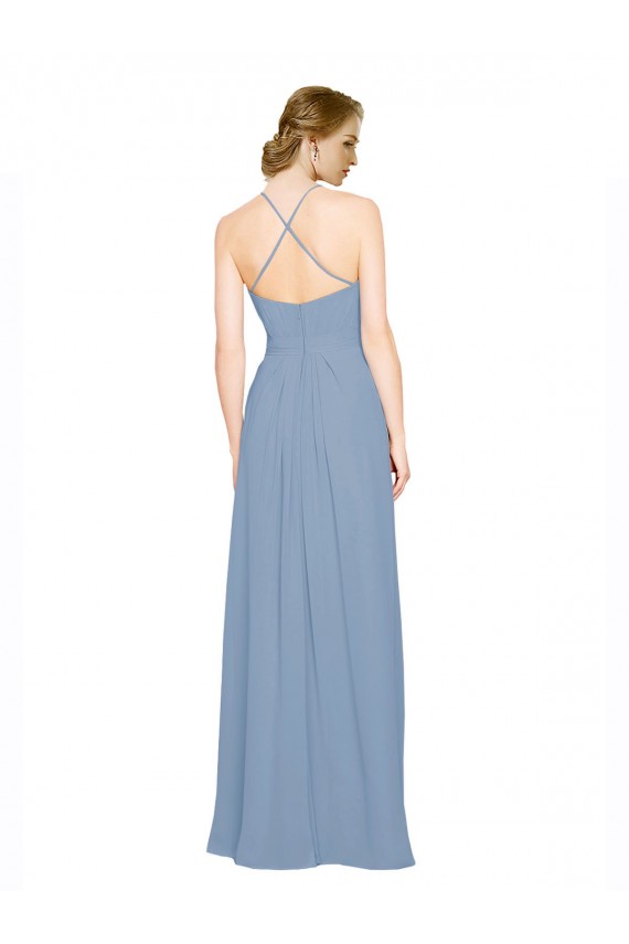 Long Dusty Blue Sleeveless A-Line Open Back Chiffon Bridesmaid Dress / Evening Dress Birmingham