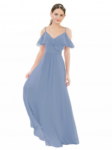 Long Dusty Blue Cap Sleeves A-Line Bridesmaid Dress Birmingham
