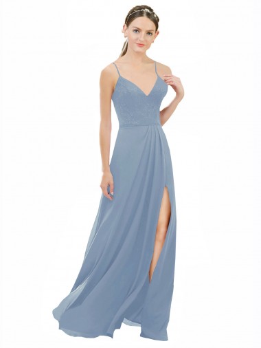 Long Dusty Blue Sleeveless A-Line Keyhole Back Bridesmaid Dress Birmingham