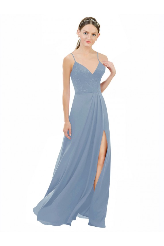 Long Dusty Blue Sleeveless A-Line Keyhole Back Bridesmaid Dress Birmingham