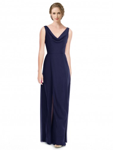 Long Dark Navy Sleeveless A-Line V-Back Side Front Slit Bridesmaid Dress Birmingham