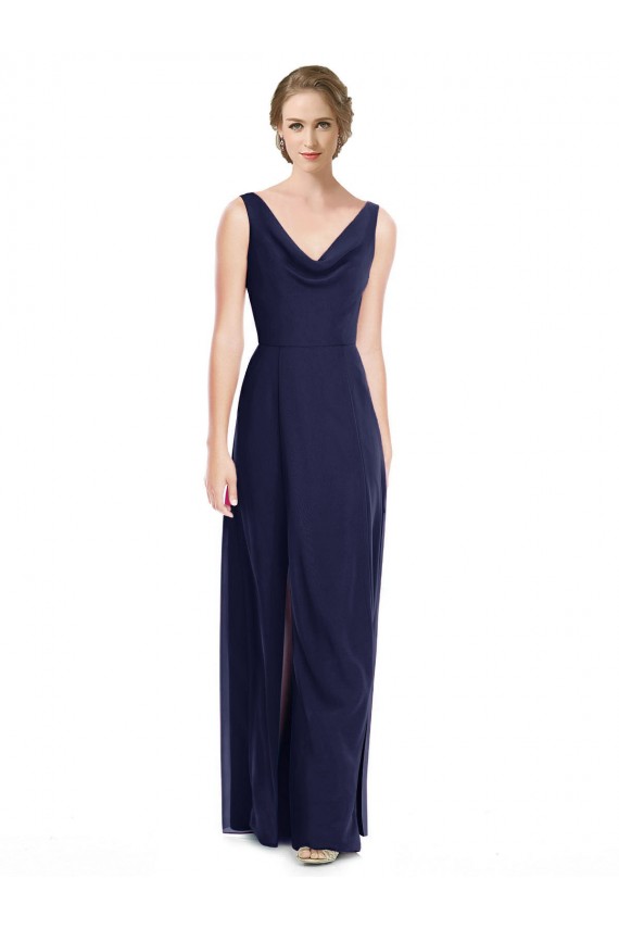Long Dark Navy Sleeveless A-Line V-Back Side Front Slit Bridesmaid Dress Birmingham