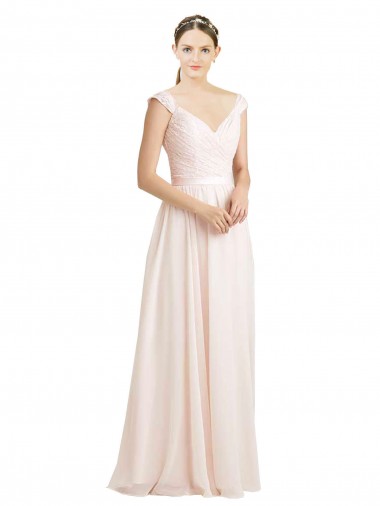Long Cream Pink Sleeveless A-Line V-Back Soft Chiffon & Lace Bridesmaid Dress Birmingham