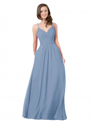 Long Dusty Blue Sleeveless A-Line Open Back Bridesmaid Dress / Evening Dress Birmingham