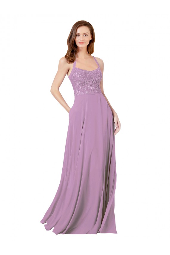Long Dark Lavender Sleeveless A-Line Soft Chiffon & Lace Bridesmaid Dress Birmingham