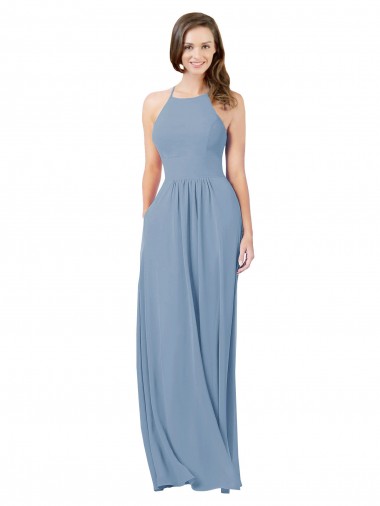 Long Dusty Blue Sleeveless A-Line Keyhole Back Bridesmaid Gowns Birmingham