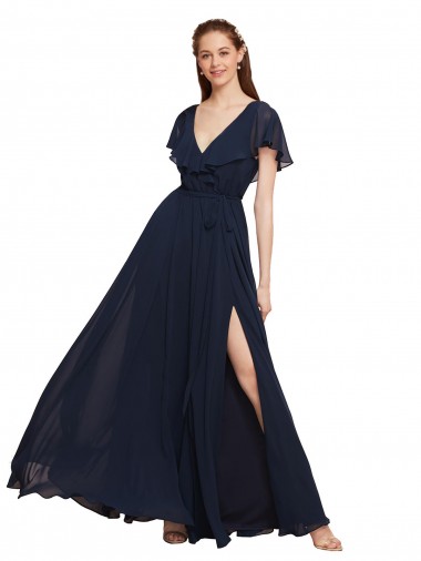 Long Dark Navy Cap Sleeves A-Line V-Back Bridesmaid Dress / Evening Gowns Birmingham