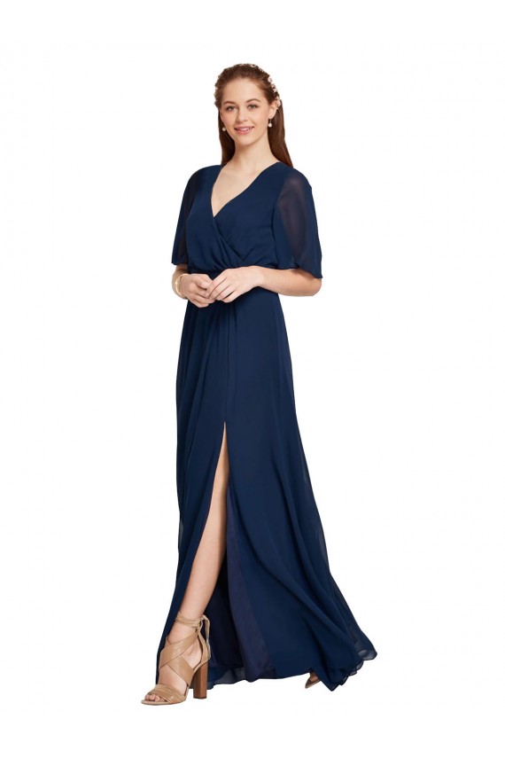Long Dark Navy Flutter Sleeves A-Line Bridesmaid Dress / Formal Dress Birmingham