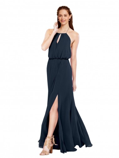 Long Dark Navy Sleeveless A-Line Open Back Front Side Slit Bridesmaid Dress / Evening Dress Birmingham