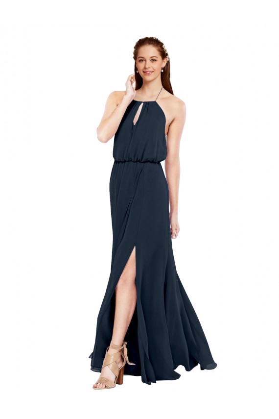 Long Dark Navy Sleeveless A-Line Open Back Front Side Slit Bridesmaid Dress / Evening Dress Birmingham