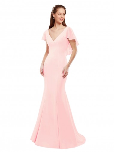 Long Pink Flutter Sleeves Mermaid V-Back Bridesmaid Dress Birmingham