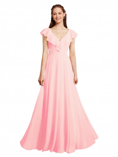Long Pink Cap Sleeves A-Line V-Back Bridesmaid Dress / Evening Gowns Birmingham