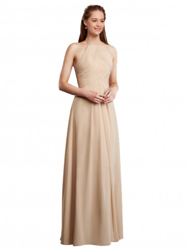 Long Champagne Sleeveless A-Line Low Back Soft Chiffon Bridesmaid Dress Birmingham