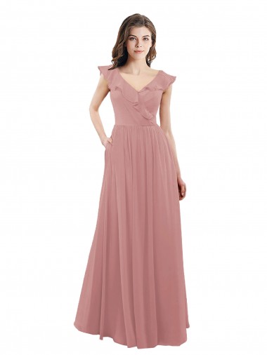 Long Dusty Pink Cap Sleeves A-Line V-Back Bridesmaid Dress Birmingham