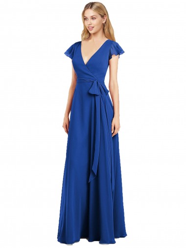Long Royal Blue Flutter Sleeves A-Line Bridesmaid Dress Birmingham