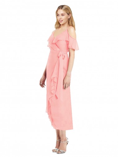 Cocktail Length Salmon Cold Shoulder Trumpet High Low Bridesmaid Dress Birmingham