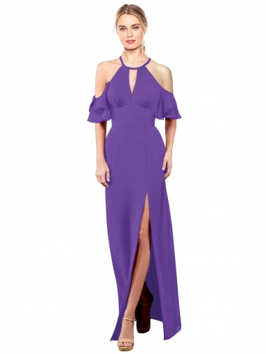 Long Purple Ruffle Sleeves A-Line Open Back Bridesmaid Dress Birmingham