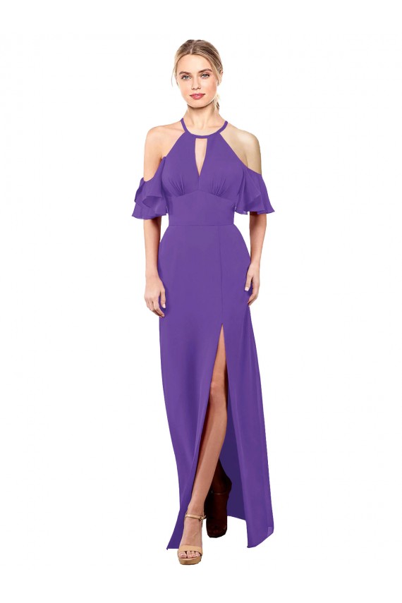 Long Purple Ruffle Sleeves A-Line Open Back Bridesmaid Dress Birmingham