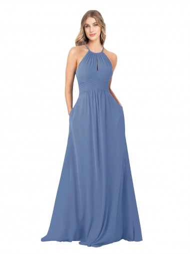 Long Windsor Blue Sleeveless A-Line Keyhole Back Front Slit Bridesmaid Dress Birmingham