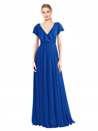 Long Royal Blue Flutter Sleeves A-Line V-Back Bridesmaid Dress Birmingham