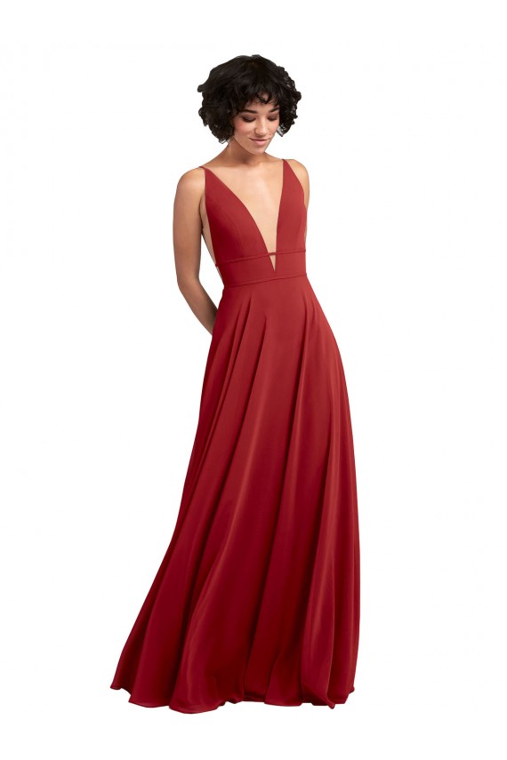 Long Red Sleeveless A-Line V-Back Lxue Chiffon Bridesmaid Dress Birmingham