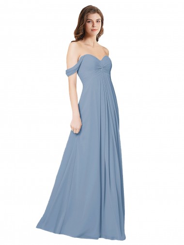 Long Dusty Blue Sleeveless A-Line Low Back Wedding Party Dress Birmingham