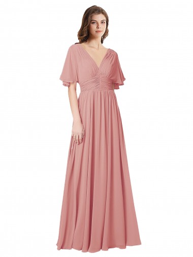 Long Bliss Pink Flutter Sleeves A-Line V-Back Bridesmaid Dress Birmingham