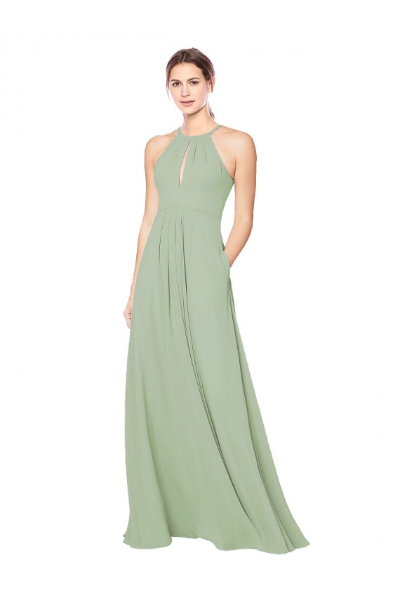 Long Smoke Green Sleeveless A-Line Keyhole Back Bridesmaid Dress Birmingham