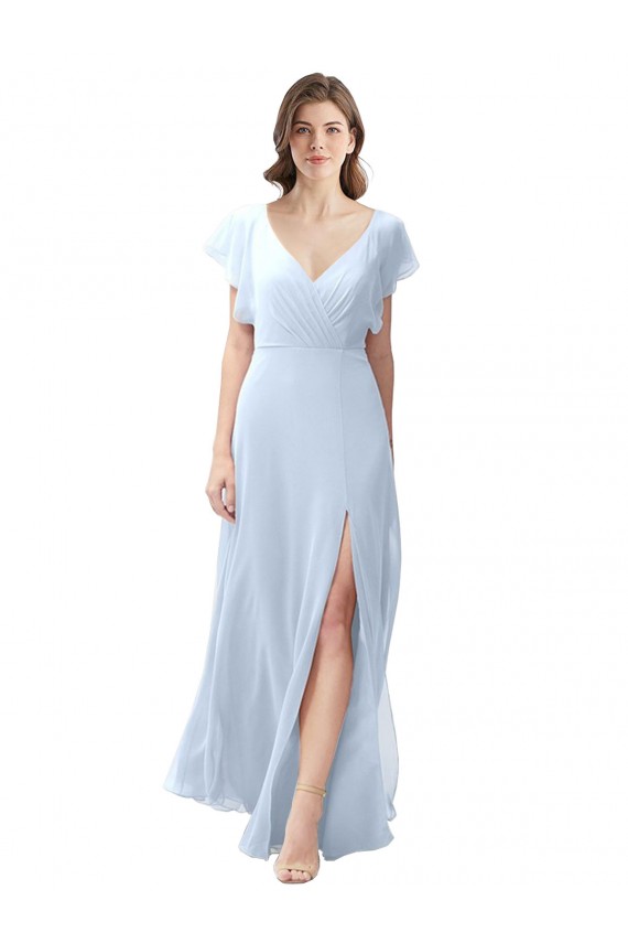 Long Light Sky Blue Flutter Sleeves A-Line Open Back Bridesmaid Dress / Formal Dress Birmingham