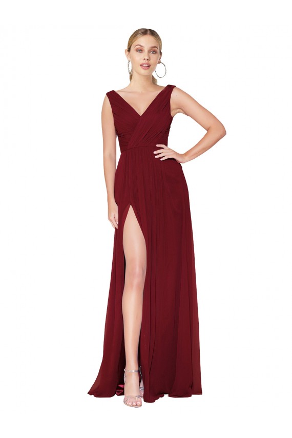 Long Burgundy Sleeveless A-Line V-Back High Slit Black Tie Evening Gown / Prom Dress / Bridesmaid Dress Birmingham