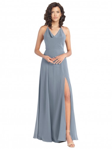 Long Dusty Blue Sleeveless A-Line V-Back High Side Slit Bridesmaid Dress Birmingham