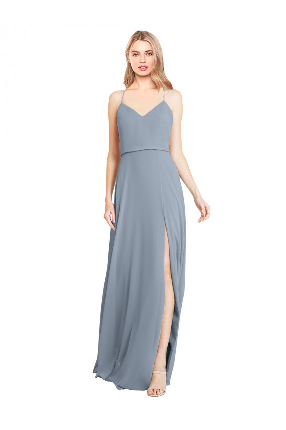 Long Dusty Blue Sleeveless A-Line Open Back Bridesmaid Gowns Birmingham