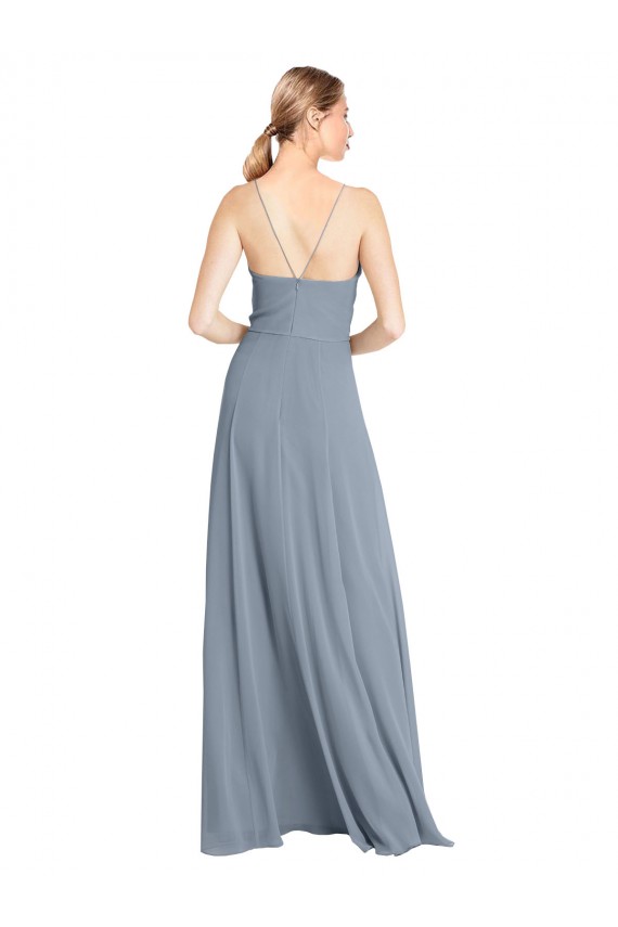 Long Dusty Blue Sleeveless A-Line Open Back Bridesmaid Gowns Birmingham