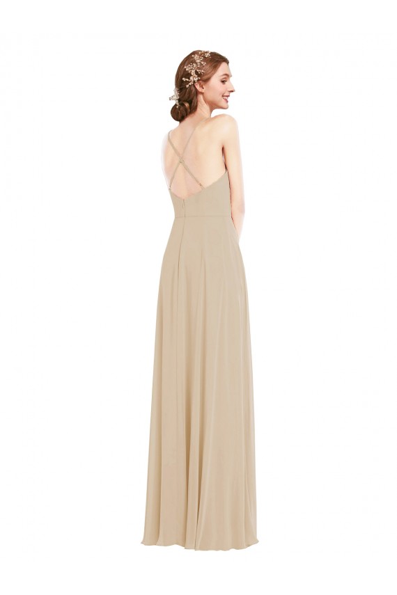 Long Champagne Sleeveless A-Line Open Back Semi Formal Evening Dress / Bridesmaid Dress Birmingham